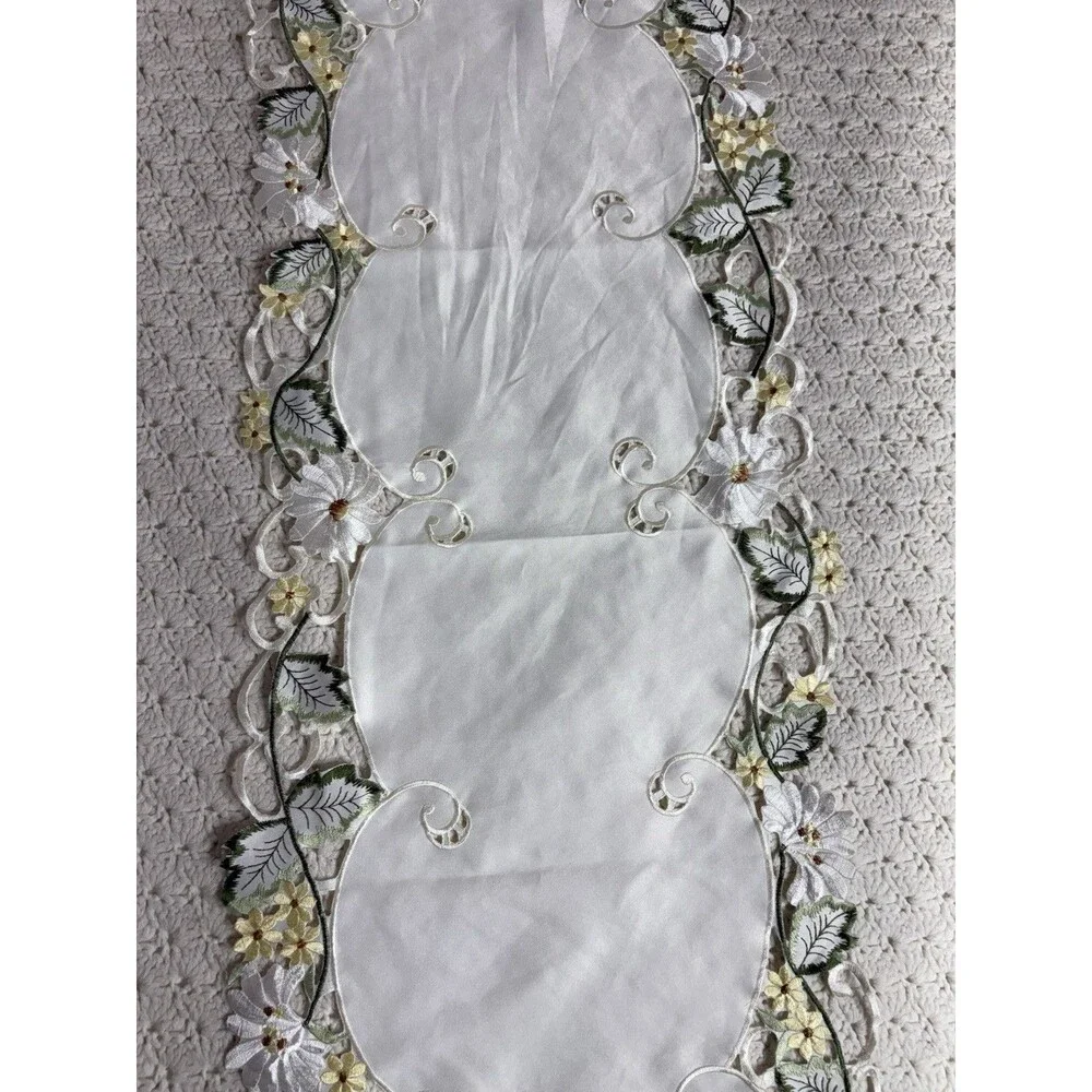 White Embroidered Floral Table Runner, Scalloped Cutout Edge 58”x 13”